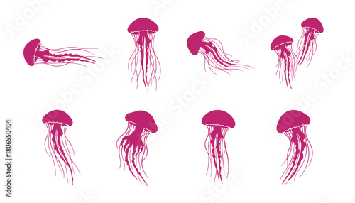 Collection of Jellyfish Icons Vector Illustration, featuring Marine Invertebrate Silhouettes with Tentacles in Dynamic Poses in Pink Color