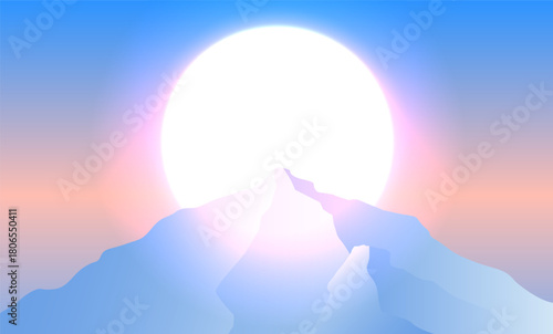 Minimalist vector illustration of snowy mountain peak silhouette against a large glowing sun at sunrise or sunset. Soft gradients create a serene, atmospheric winter landscape nature travel designs