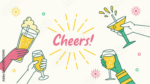 Retro Celebration Toast Illustration: Diverse Hands Clinking Cocktail and Champagne Glasses with "Cheers!"
