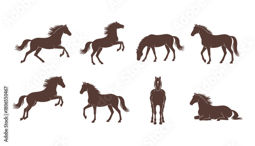 Collection of Horse Icons Vector Illustration, featuring Equine Silhouettes in Various Dynamic Poses like Running, Trotting, and Standing in Dark Brown Color