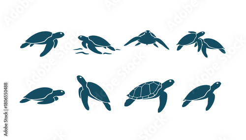 Set of Sea Turtle Icons Vector Illustration, featuring Marine Reptile Silhouettes in Different Poses like Swimming, Walking, and Shell Details in Dark Blue