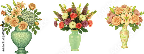 The image features three distinct vases, each showcasing a unique floral arrangement against a clean white background.