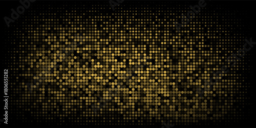 Abstract luxury banner with golden glittering dots on black background. Sparkling glitter bottom border, vector frame. Halftone effect. Magical gold dust. Pop art style backdrop.