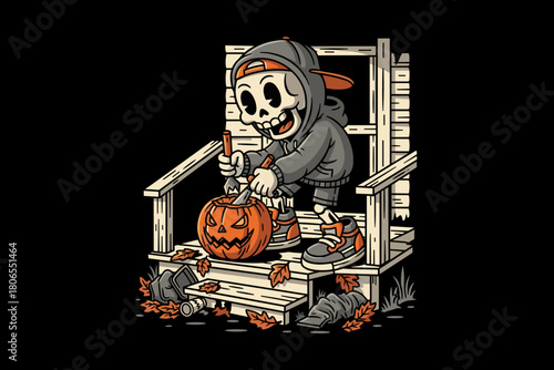 Skeleton carving a Halloween pumpkin on a porch.