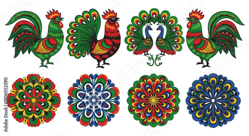Vibrant Polish Wycinanki Folk Art Vector Elements with Paper Cut Rooster and Floral Motifs