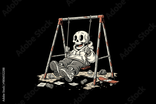 Skeleton enjoying a swing ride with a casual outfit.