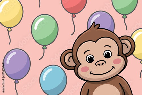 A cute cartoon monkey peeking out from behind a multitude of colorful balloons on a pink background.
