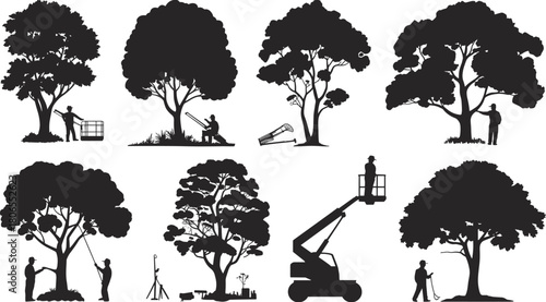 Silhouettes of trees and arborist tools for pruning and trimming in black and white landscape illustration of tree maintenance