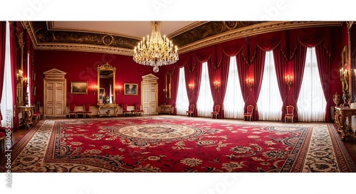 Ornate red ballroom with grand chandelier and elaborate rug
