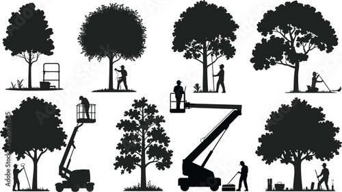 Silhouettes of trees and arborist tools for pruning and trimming in black and white landscape illustration of tree maintenance