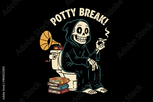 Grim Reaper takes a break on the toilet smoking a cigarette.
