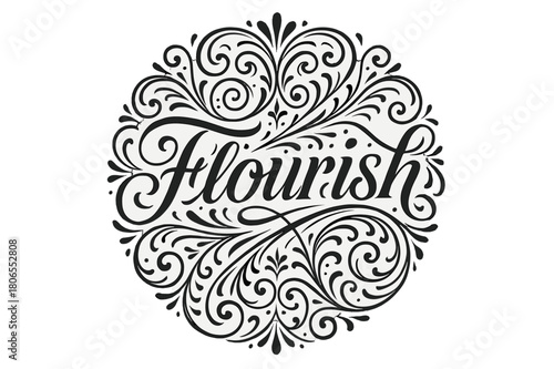 Flourish Lettering Art. Flourish Lettering with swashes and curls, circular composition, symmetrical decorative patterns, transparent background