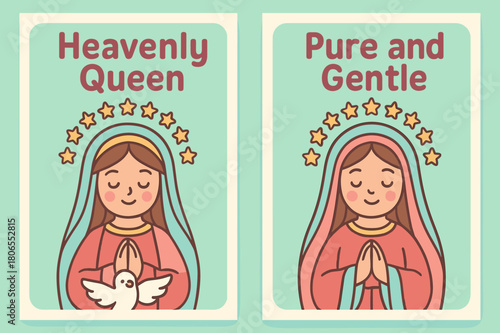 Heavenly Queen Banners. Queen of Heaven. Two vertical A6 banners with safe margins, centered composition, no elements touching edges, cartoon, pastel mint and