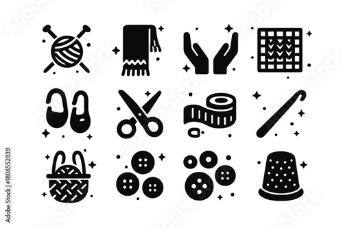 Handmade Scarf Icons. Handmade Scarf. Solid icons set of Handmade Scarf: knitting needles, yarn ball, scarf, hands, pattern chart, stitch markers, scissors,