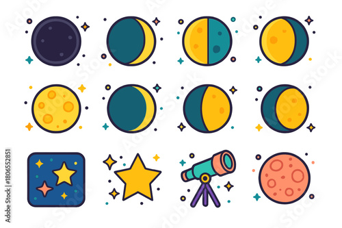 Moon Phases Icons. Phases of the moon. Colorful isometric vector icons set of phases of the moon: new moon, waxing crescent, first quarter, waxing gibbous,