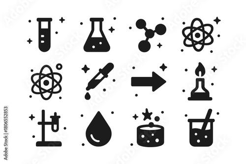 Synthetic Chemistry Icons. Synthetic Chemistry. Solid icons set of Synthetic Chemistry: test tube, flask, beaker, molecule, atom, pipette, reaction arrow,