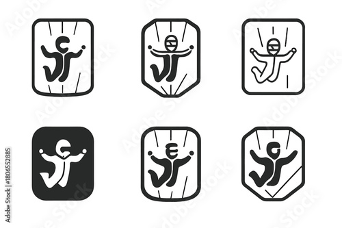 Indoor Skydiving Logos. Indoor skydiving in specialized wind tunnels. Icon set. Set Logo of Indoor skydiving in specialized wind tunnels: flight suit with arm