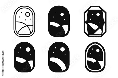 Futuristic Travel Logos. Space tourism and futuristic travel experiences. Icon set. Set Logo of space tourism and futuristic travel experiences: panoramic