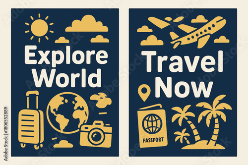 Travel Banner Design. POPULAR. Two vertical A6 banners with safe margins, centered composition, no elements touching edges, cartoon, navy and gold, travel