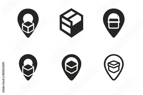 Geocaching Logo Variations. Geocaching. Set Logo of Geocaching: GPS pin on cache container. harmonious logo variations of the same emblematic concept, each