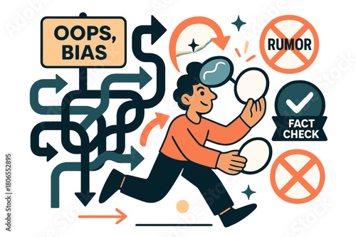Navigating Bias Maze. Cognitive bias & misinformation. A maze of arrows leads to a sign reading ?Oops, bias?; a character swaps a crooked lens for a clear one.