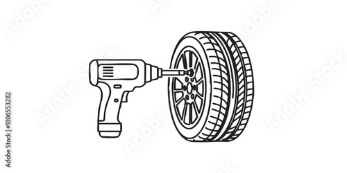 Electric screwdriver and car wheel line icon, tires fitting concept. Vector graphics. Changing wheels, car service sign on white background, style mobile or design