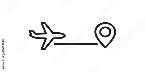 Plane and location map pin thin line icon, traveler survey concept. Vector graphics. Airplane flight in one way, destination sign on white background, style icon mobile or web desig