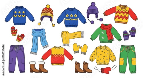 Colorful collection of winter clothing and accessories for children