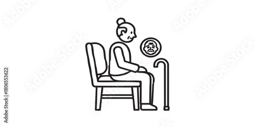Grandfather seat on chair thin line icon, family therapy concept. Vector graphics. Pensioner, man with walking cane, elderly sign on white background, style icon mobile or web design