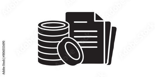 Taxes paper with coins stack solid icon, financial tech concept. Vector graphics. Government taxes list, finance and law sign on white background, glyph style icon for mobile or web design