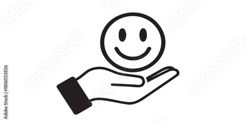 Smiley emoticon in hand thin line icon, mental health concept. Vector graphics. Nice result of positive emotion, psychology sign on white background, style icon mobile or web design