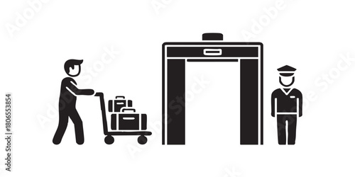 Detector and man with luggage thin line icon, traveler survey concept. Vector graphics. Airport inspection at entrance sign on white background, style icon mobile or web design