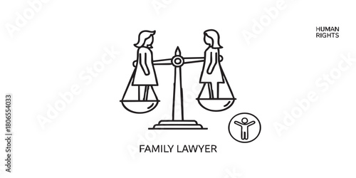 Man and woman on scales thin line icon, family lawyer concept. Vector graphics. Married couple problem, human rights sign on white background, style mobile or design