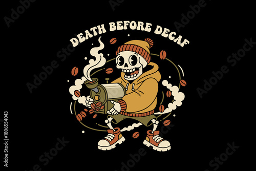 Skeleton character enjoying a hot cup of coffee with steam risin