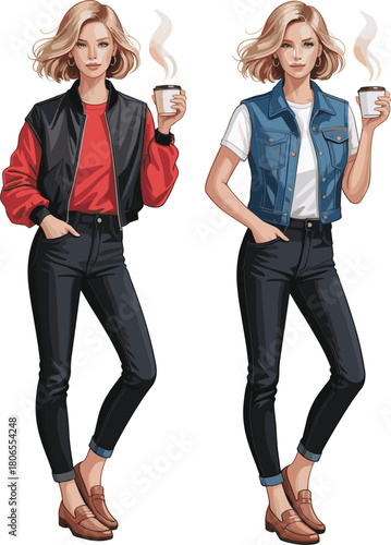 Stylish women fashion illustration, trendy casual outfit, modern coffee lovers, chic streetwear style, denim and bomber jacket fashion art