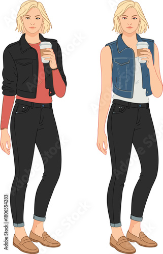 Stylish women fashion illustration, trendy casual outfit, modern coffee lovers, chic streetwear style, denim and bomber jacket fashion art