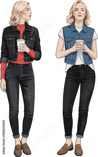 Stylish women fashion illustration, trendy casual outfit, modern coffee lovers, chic streetwear style, denim and bomber jacket fashion art