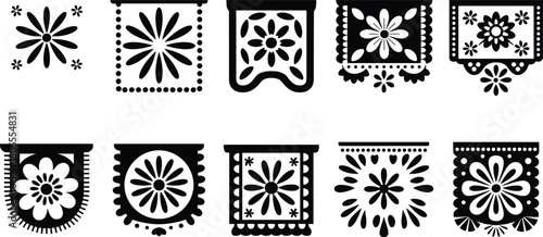 Traditional Mexican papel picado banner in black and white, floral cutout festive garland design for decoration, celebration, or invitation