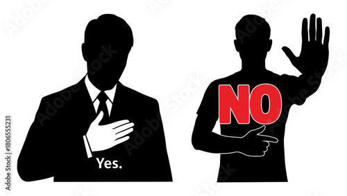 Two silhouettes, one with a hand on chest saying Yes, the other with hand raised saying No
