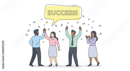 Illustration of a diverse group of people celebrating success with high fives and confetti, conveying a sense of achievement and teamwork