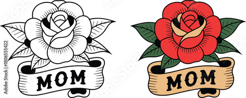 Traditional rose tattoo design for mom, classic red flower with banner, vintage tattoo art in color and black and white