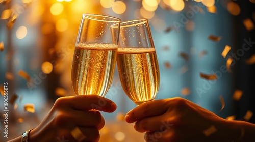 Champagne glasses clinking with golden confetti in festive New Year celebration atmosphere”
