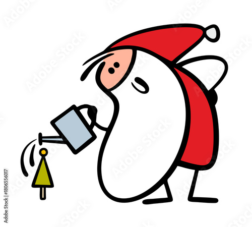Cheerful Santa Claus is watering a small Christmas tree. Vector illustration of an optimistic gardener in the forest and magic water from a watering can, preparing for Christmas and new year.