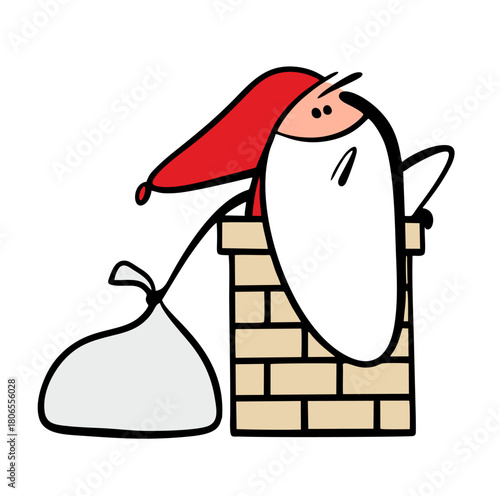 Disgruntled cartoon Santa Claus is trying to squeeze into the chimney, carrying Christmas presents. Vector illustration of a loser with a white beard on the roof of a house on a holiday.