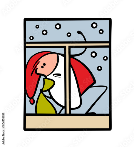 Frozen Santa Claus knocks on the window, asks to be let inside the house. Vector illustration an unexpected guest with a bag of gifts looks and asks for help on Christmas Eve.