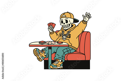 Skeleton playing cards at a diner booth wearing a hoodie and sne