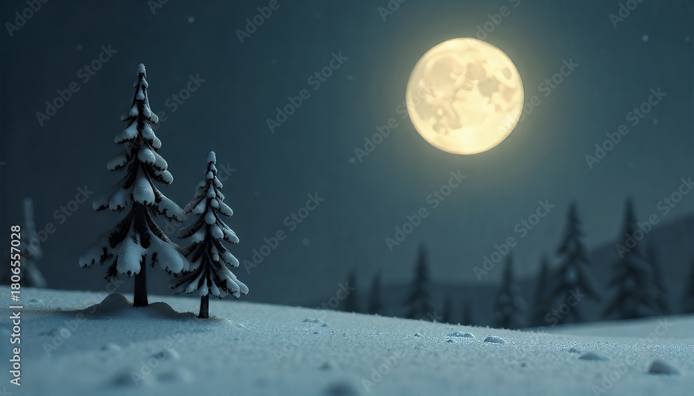 Fototapeta premium Tranquil snowy night with illuminated holiday tree and shimmering bokeh lighting.