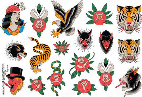 Traditional tattoo flash sheet with vintage designs — sailor girl, wolf, butterfly, rose, anchor, skull, and classic motifs