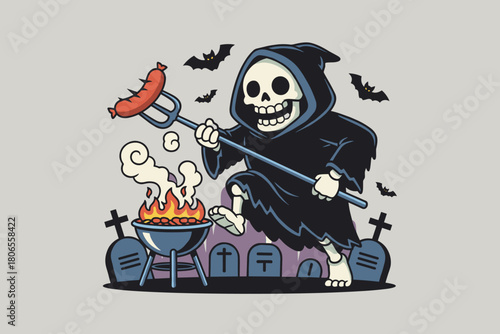 Grim Reaper grilling a sausage at a spooky graveyard party.