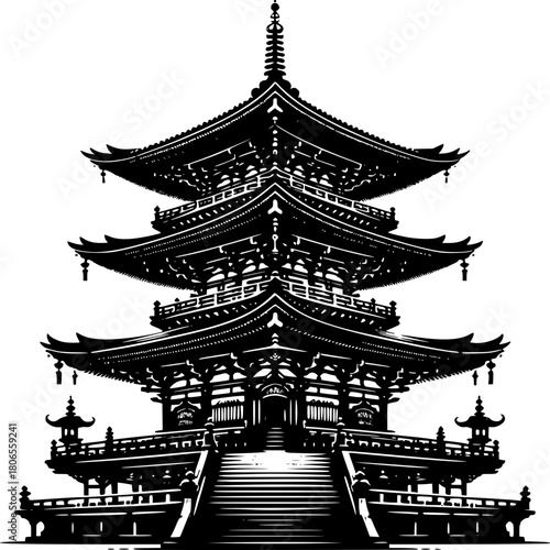 Zenith of Architecture: An illustration of a pagoda, a multi-tiered structure exuding a sense of history and serenity. It stands as a beacon of cultural heritage.